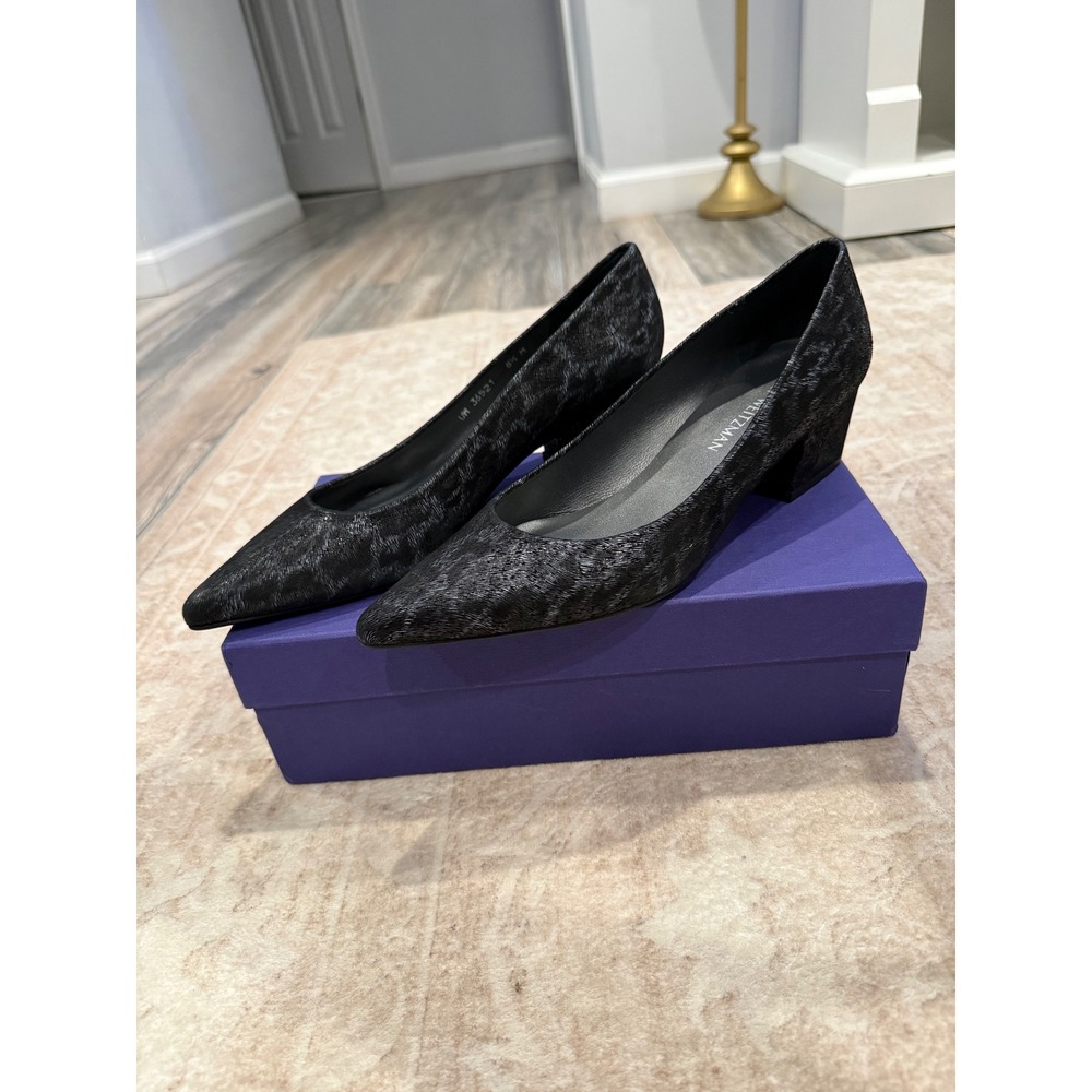 Stuart Weitzman Black/Grey Animal-Print Calf Hair Block-Heel Pump, 8.5M